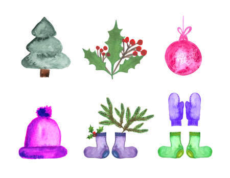 Set of watercolor winter holiday elements.の写真素材