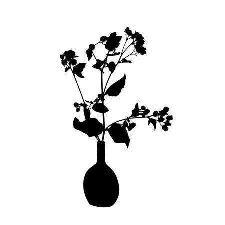 Bouquet of wildflowers in jug. Black silhouette. Floristic composition. Vector illustration.のイラスト素材