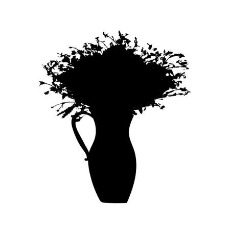 Bouquet of wildflowers in jug. Black silhouette. Floristic composition. Vector illustration.のイラスト素材