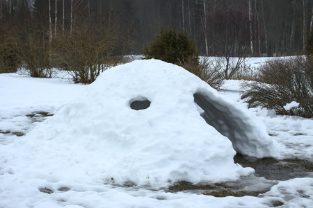 Funny house, yurt or eskimos igloo made by children from snow in a thaw in winter day.