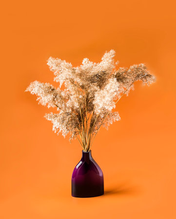 Bouquet of the dry natural reed plants in ceramic vase on colorful backgroundの写真素材
