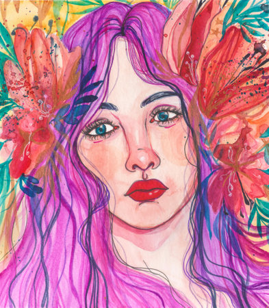 Watercolor portrait of beautiful young girl. Hand painted illustration. Emotional face.の写真素材