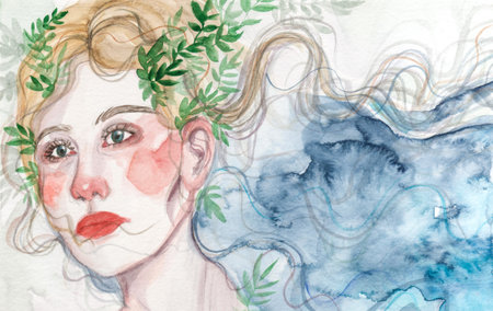 Watercolor portrait of beautiful young girl. Hand painted illustration. Emotional face.の写真素材