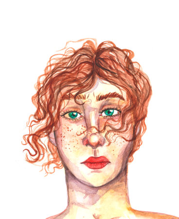 Watercolor portrait of beautiful young girl. Hand painted illustration. Emotional face.の写真素材