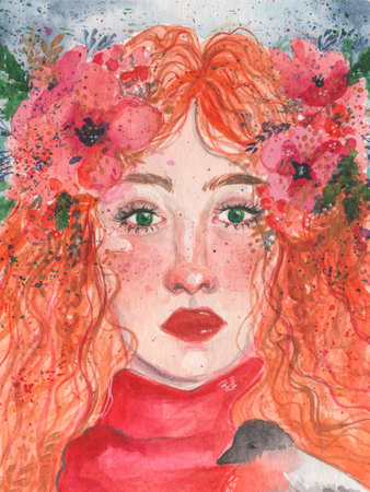 Watercolor portrait of beautiful young girl with red hair and floral wreath on head. Hand painted illustration. Emotional face.の写真素材