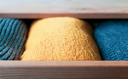 Open wooden dresser drawer with warm knitted woolen clothes. Home vertical storage. Wardrobe organisation. Trendy colors.の写真素材