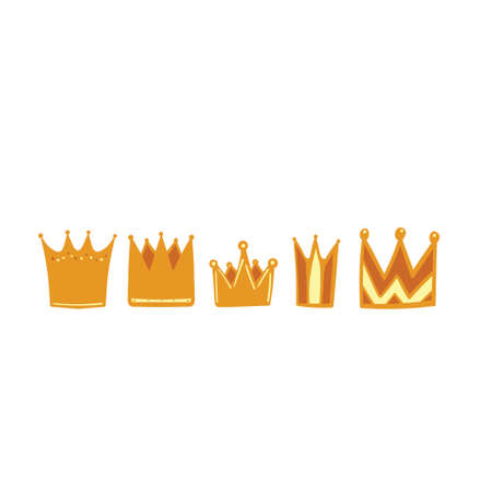 Set of 5 royal gold crowns in cartoon style on white background. Vector illustrationのイラスト素材