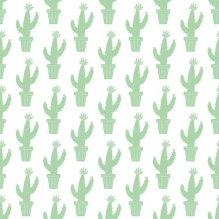Seamless pattern with the green cactus houseplants in floral pots. Botanical background