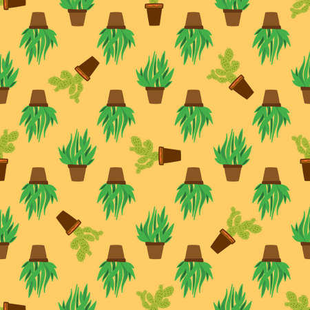 Seamless pattern with the green cactus houseplants in floral pots. Botanical background