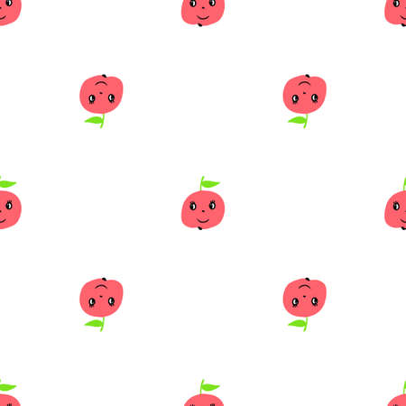 Seamless red apple pattern. Vector background with cute fruits with eyes and smile in cartoon style