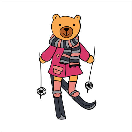 Skiing funny animal in warm coat and striped scarf.のイラスト素材