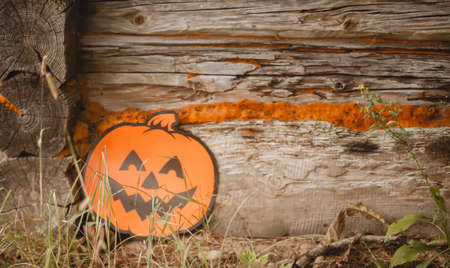 Halloween decor outdoors. Orange paper pumpkinの写真素材