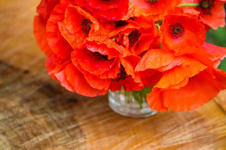 Beautiful bouquet of the red poppy flowers on ree stump outddors. Garden poppies.の写真素材
