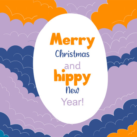 Merry and hippy New year! Festive funny quote on bright background. Christmas greeting card.のイラスト素材