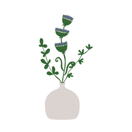 Flowers in vase. Bouquet of blooming flowers and leaves. Minimalists style interior decor. Vector illustration.のイラスト素材