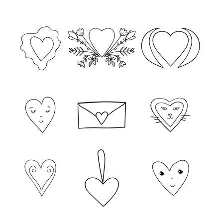 Collection of doodle outline hearts. Set for Valentine's day or wedding design. Vector Illustration.のイラスト素材