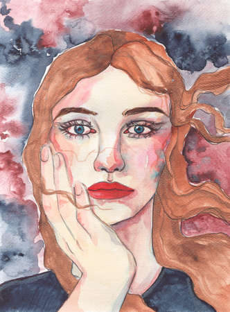 Watercolor portrait of beautiful young woman. Hand painted illustration.の写真素材
