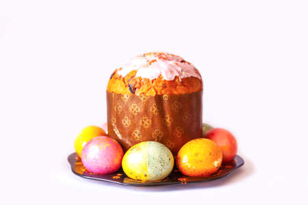 Easter holiday festive composition. Food decor. Colored eggs and pastry.