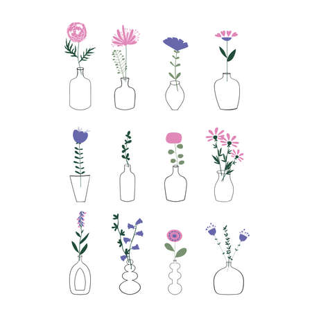 Collection of different plants and flowers. Floral compositions. Vases and bottles with herbs. Vector illustration.のイラスト素材