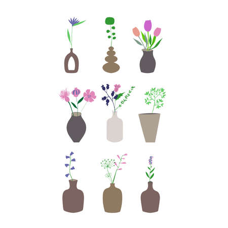 Different plants and flowers in vases. Vector set for floral design.のイラスト素材