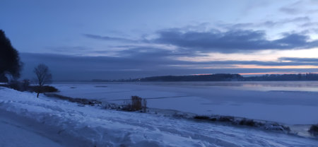 Winter nature in sunset light in the city of Riga, Latvia, East Europe.の写真素材