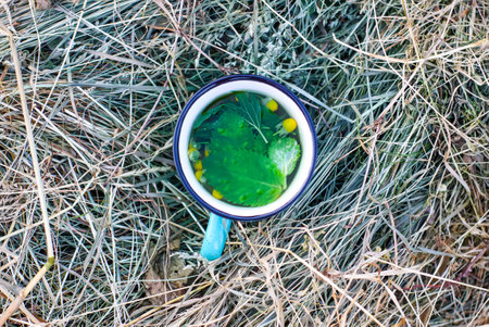 Hot herbal tea in teacup outdoorsの写真素材