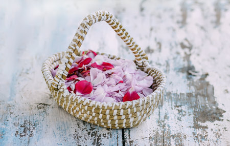 Pink rose petals in a basket on green grass.Natural cosmetic or herbal tea ingredients.の写真素材