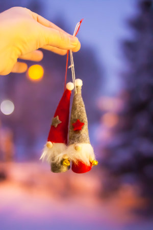 Cute gnomes in red hat. Decorative Christmas toys.の写真素材