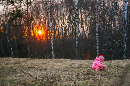 Little girl walks in the woods in early springの写真素材
