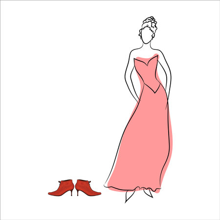 Fashion woman. Hand drawn stylish lady in dress. Vector sketch.のイラスト素材
