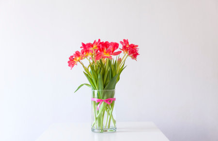 Red tulips. Beautiful flowers on soft light background. Floral composition in a glass vase in...