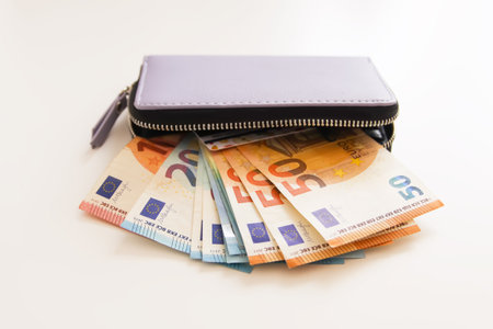 Euro money in the purple leather wallet. Banknotes close up.の写真素材