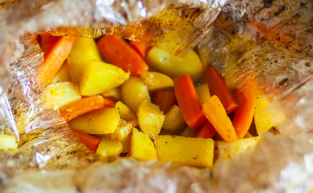 Oven roasted vegetables close up. Homemade healthy food.の写真素材