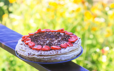 Strawberry cake with chocolate on ceramics plateの写真素材