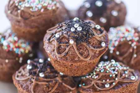 Chocolate chip muffins. Sweet dessert. Homemade food.の写真素材