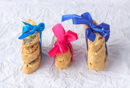Homemade biscotti or cantuccini. Sweet gluten-free dessert tied with a satin ribbon bow