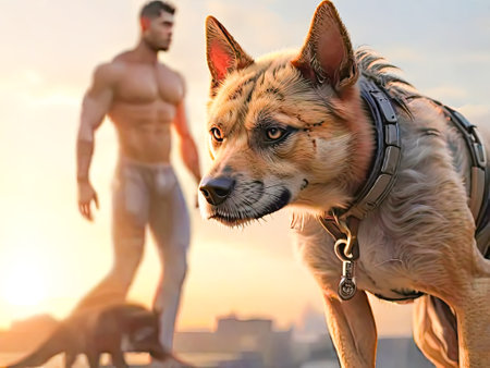 Dog and man on background illuminated by sunset light.の素材