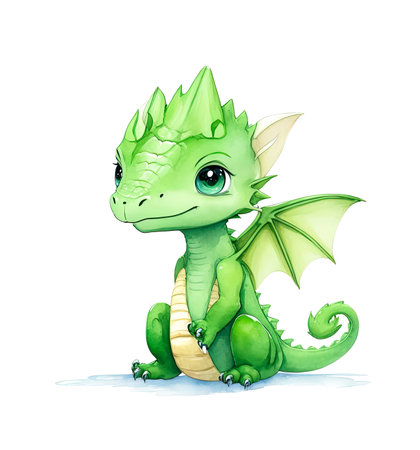 Fantasy cute green dragon. Watercolor style illustration. Fantasy friendly animal.の素材
