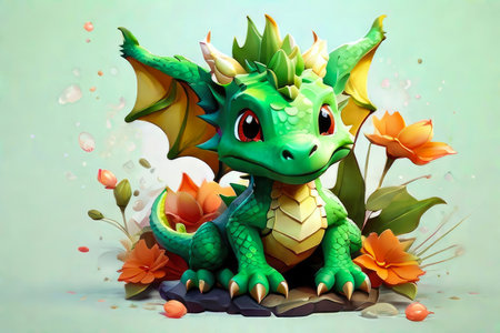 Fantasy cute green dragon.の素材