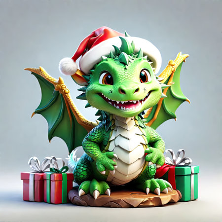 Fantasy cute green dragon wearing red Santa's hat. Fairy-tale character.の素材