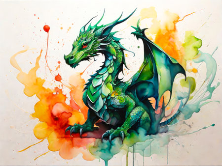 Fantasy cute green dragon. Watercolor style illustration.の素材