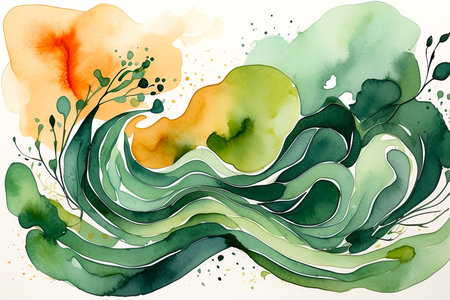 Wavy whimsical artistic texture with herbal elements. Creative colorful background. Watercolor art.の素材