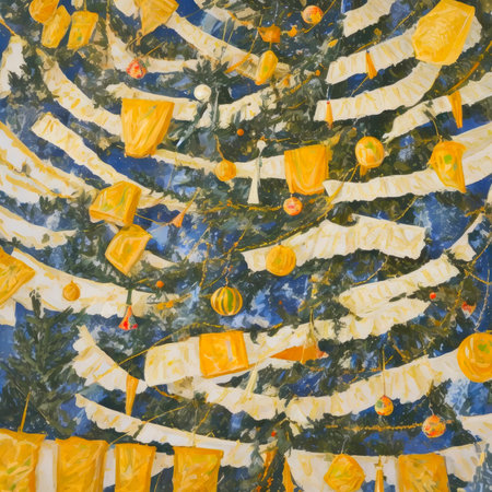 Decorated Christmas tree close up. Colorful artistic background.の素材