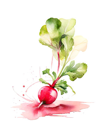 Radish with leaves. Hand drawn watercolor painting on white background.の素材