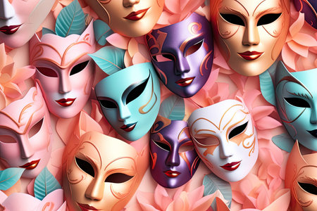 Colorful carnival masks background. Traditional festive costume attribute.の素材
