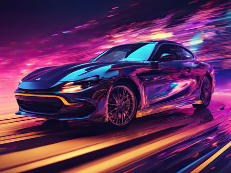 A car moving in a night road with bright neon lights.の素材