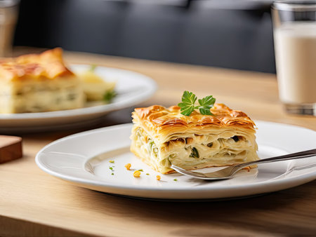 Puff pastry with filling on the white plate.の素材