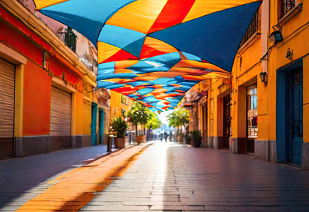 Multicolored umbrellas on street between the urban buildings.の素材