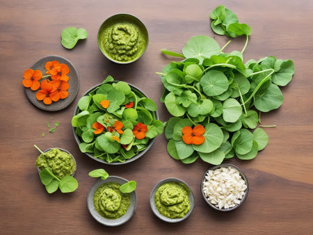 Sauce made from nasturtium plant leaves and flowers.の素材