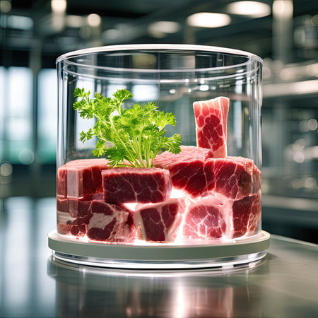Concept of meat cultured from animal somatic cells. Meat sample in the disposable plastic container in modern laboratory.の素材